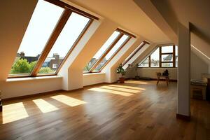 Modern dormer loft conversion interior design in apartment or house at UK. Luxury triangle attic room concept by AI Generated photo