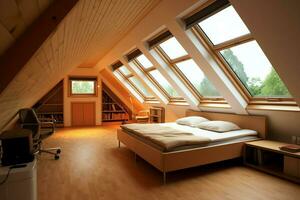 Modern dormer loft conversion interior design in apartment or house at UK. Luxury triangle attic room concept by AI Generated photo