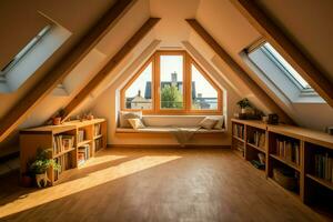 Modern dormer loft conversion interior design in apartment or house at UK. Luxury triangle attic room concept by AI Generated photo