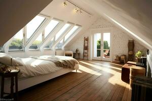 Modern dormer loft conversion interior design in apartment or house at UK. Luxury triangle attic room concept by AI Generated photo