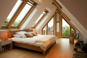 Modern dormer loft conversion interior design in apartment or house at UK. Luxury triangle attic room concept by AI Generated photo