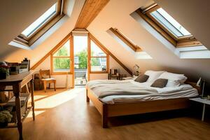 Modern dormer loft conversion interior design in apartment or house at UK. Luxury triangle attic room concept by AI Generated photo