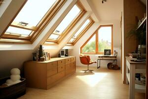 Modern dormer loft conversion interior design in apartment or house at UK. Luxury triangle attic room concept by AI Generated photo