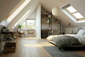 Modern dormer loft conversion interior design in apartment or house at UK. Luxury triangle attic room concept by AI Generated photo