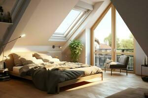 Modern dormer loft conversion interior design in apartment or house at UK. Luxury triangle attic room concept by AI Generated photo