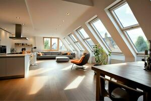 Modern dormer loft conversion interior design in apartment or house at UK. Luxury triangle attic room concept by AI Generated photo