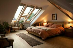 Modern dormer loft conversion interior design in apartment or house at UK. Luxury triangle attic room concept by AI Generated photo