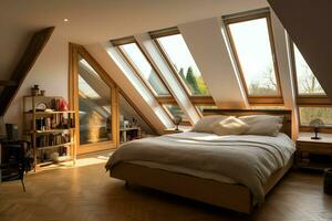 Modern dormer loft conversion interior design in apartment or house at UK. Luxury triangle attic room concept by AI Generated photo