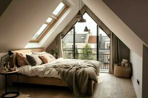 Modern dormer loft conversion interior design in apartment or house at UK. Luxury triangle attic room concept by AI Generated photo