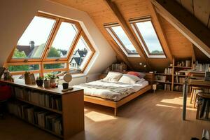 Modern dormer loft conversion interior design in apartment or house at UK. Luxury triangle attic room concept by AI Generated photo