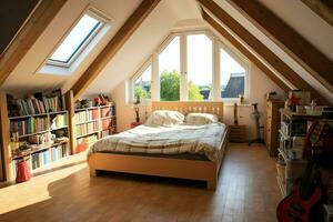 Modern dormer loft conversion interior design in apartment or house at UK. Luxury triangle attic room concept by AI Generated photo