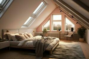 Modern dormer loft conversion interior design in apartment or house at UK. Luxury triangle attic room concept by AI Generated photo