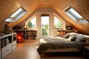 Modern dormer loft conversion interior design in apartment or house at UK. Luxury triangle attic room concept by AI Generated photo