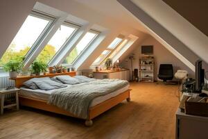 Modern dormer loft conversion interior design in apartment or house at UK. Luxury triangle attic room concept by AI Generated photo