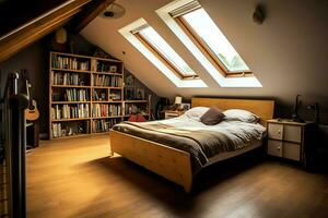 Modern dormer loft conversion interior design in apartment or house at UK. Luxury triangle attic room concept by AI Generated photo