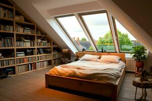 Modern dormer loft conversion interior design in apartment or house at UK. Luxury triangle attic room concept by AI Generated photo