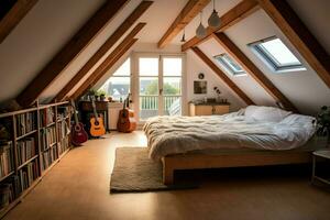 Modern dormer loft conversion interior design in apartment or house at UK. Luxury triangle attic room concept by AI Generated photo