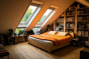 Modern dormer loft conversion interior design in apartment or house at UK. Luxury triangle attic room concept by AI Generated photo