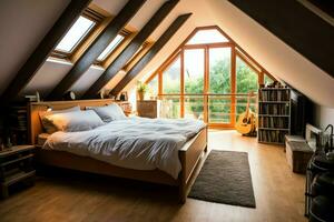 Modern dormer loft conversion interior design in apartment or house at UK. Luxury triangle attic room concept by AI Generated photo