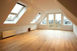 Modern dormer loft conversion interior design in apartment or house at UK. Luxury triangle attic room concept by AI Generated photo