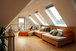 Modern dormer loft conversion interior design in apartment or house at UK. Luxury triangle attic room concept by AI Generated photo