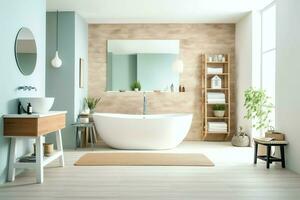 Interior design of a nice modern bathroom. 3D rendering modern toilet or bathroom in hotel or house concept by AI Generated photo
