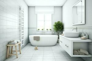 Interior design of a nice modern bathroom. 3D rendering modern toilet or bathroom in hotel or house concept by AI Generated photo