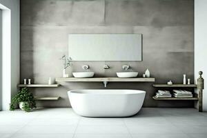 interior diseño de un bonito moderno baño. 3d representación moderno baño o baño en hotel o casa concepto por ai generado foto