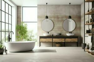 Interior design of a nice modern bathroom. 3D rendering modern toilet or bathroom in hotel or house concept by AI Generated photo