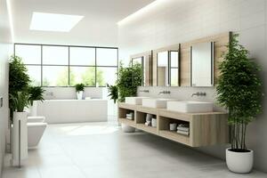 Interior design of a nice modern bathroom. 3D rendering modern toilet or bathroom in hotel or house concept by AI Generated photo