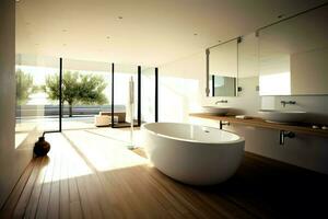 Interior design of a nice modern bathroom. 3D rendering modern toilet or bathroom in hotel or house concept by AI Generated photo