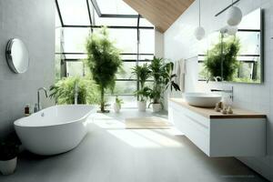 Interior design of a nice modern bathroom. 3D rendering modern toilet or bathroom in hotel or house concept by AI Generated photo