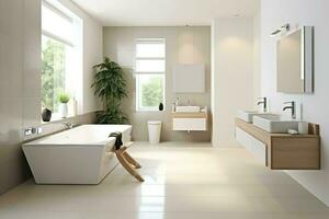 interior diseño de un bonito moderno baño. 3d representación moderno baño o baño en hotel o casa concepto por ai generado foto