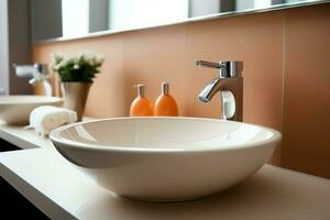 Modern public bathroom with row of white ceramic wash sink basins and faucet with mirror in restroom concept by AI Generated photo