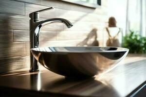 Modern public bathroom with row of white ceramic wash sink basins and faucet with mirror in restroom concept by AI Generated photo