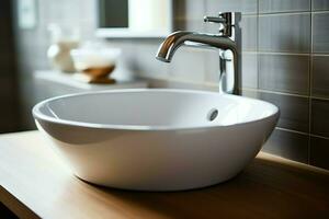 Modern public bathroom with row of white ceramic wash sink basins and faucet with mirror in restroom concept by AI Generated photo