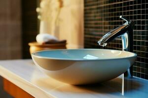 Modern public bathroom with row of white ceramic wash sink basins and faucet with mirror in restroom concept by AI Generated photo