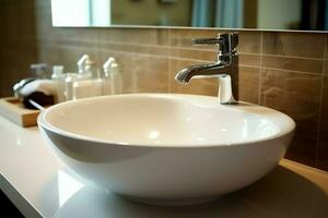 Modern public bathroom with row of white ceramic wash sink basins and faucet with mirror in restroom concept by AI Generated photo