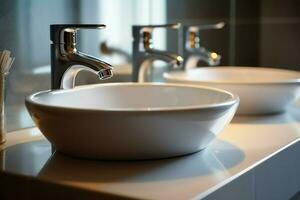 Modern public bathroom with row of white ceramic wash sink basins and faucet with mirror in restroom concept by AI Generated photo