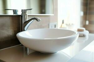 Modern public bathroom with row of white ceramic wash sink basins and faucet with mirror in restroom concept by AI Generated photo