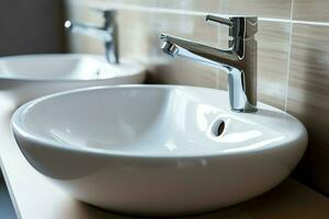 Modern public bathroom with row of white ceramic wash sink basins and faucet with mirror in restroom concept by AI Generated photo