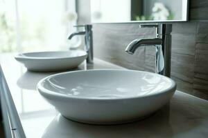Modern public bathroom with row of white ceramic wash sink basins and faucet with mirror in restroom concept by AI Generated photo