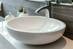 Modern public bathroom with row of white ceramic wash sink basins and faucet with mirror in restroom concept by AI Generated photo