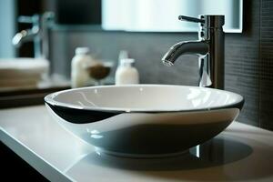 Modern public bathroom with row of white ceramic wash sink basins and faucet with mirror in restroom concept by AI Generated photo