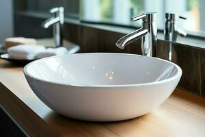 Modern public bathroom with row of white ceramic wash sink basins and faucet with mirror in restroom concept by AI Generated photo