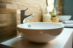 Modern public bathroom with row of white ceramic wash sink basins and faucet with mirror in restroom concept by AI Generated photo