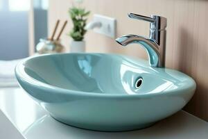 Modern public bathroom with row of white ceramic wash sink basins and faucet with mirror in restroom concept by AI Generated photo