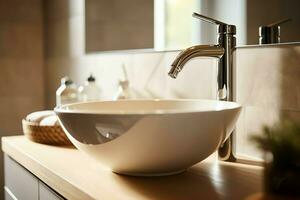 Modern public bathroom with row of white ceramic wash sink basins and faucet with mirror in restroom concept by AI Generated photo