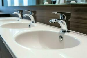 moderno público baño con fila de blanco cerámico lavar lavabo lavabos y grifo con espejo en Area de aseo concepto por ai generado foto