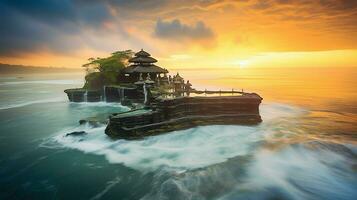 antiguo pura ulun danu bratán, besakih o famoso hindú templo y turista en bali isla a amanecer concepto por ai generado foto